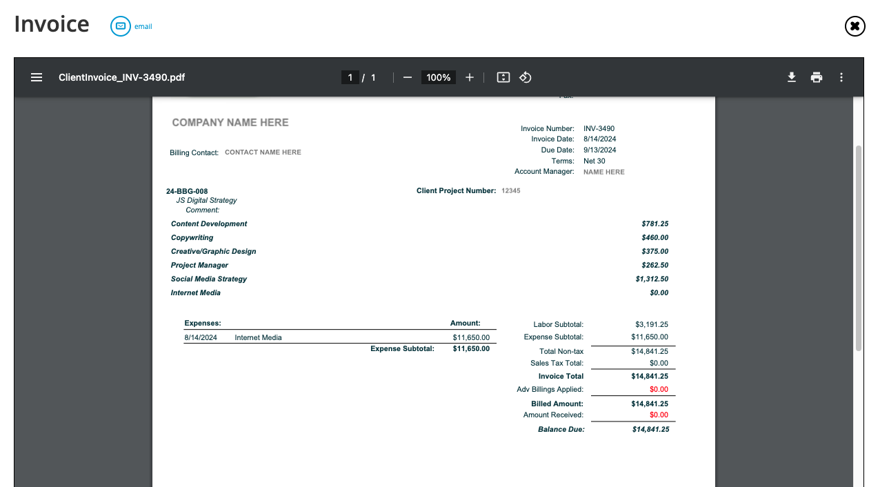 Client Invoice example with Workamajig