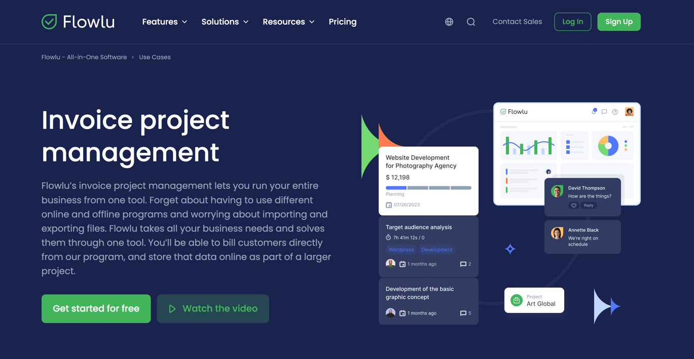 Flowlu homepage: Invoice project management