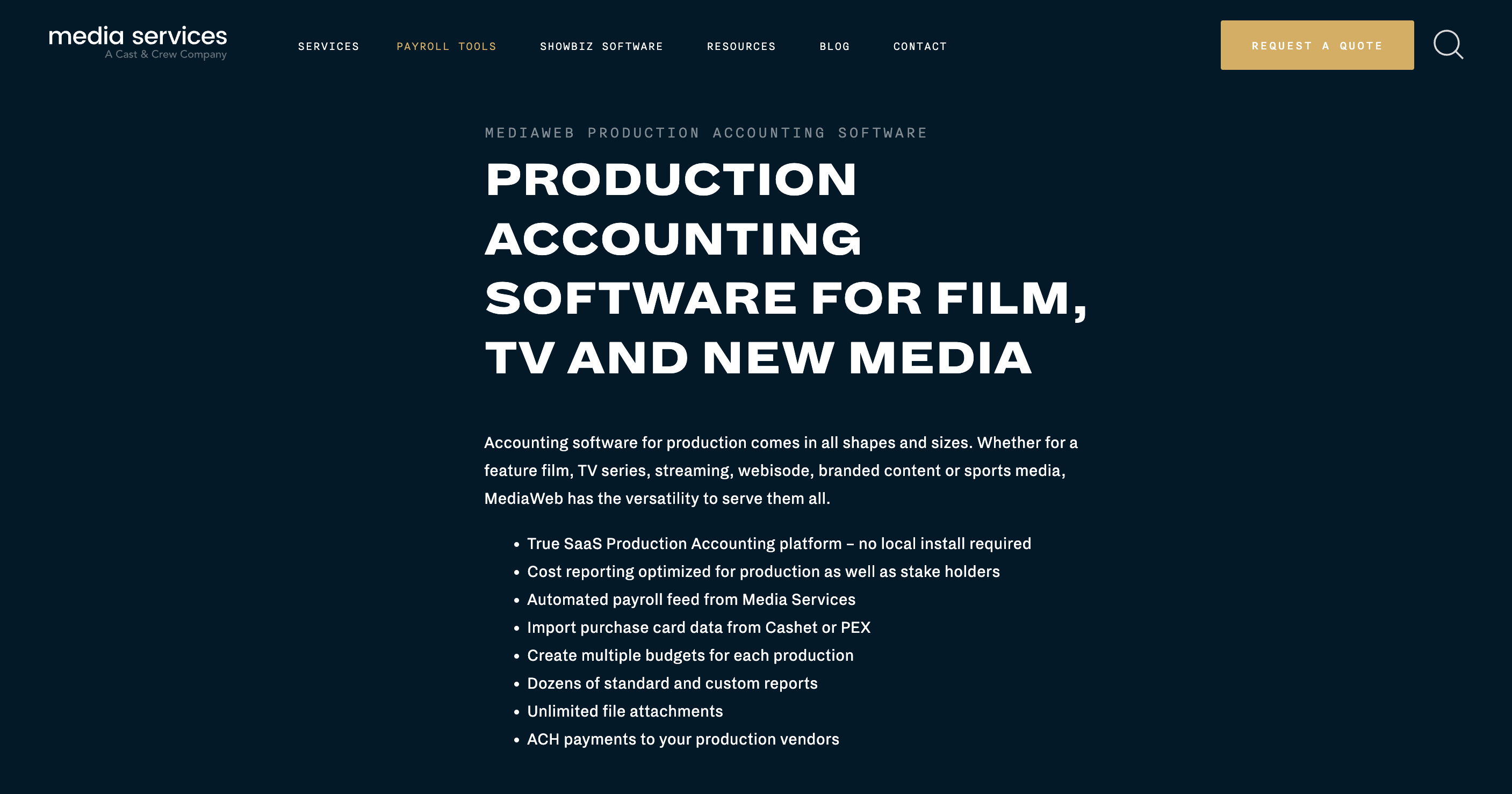 MediaWeb by Media Services homepage: Production Accounting Software for Film, TV, and New Media