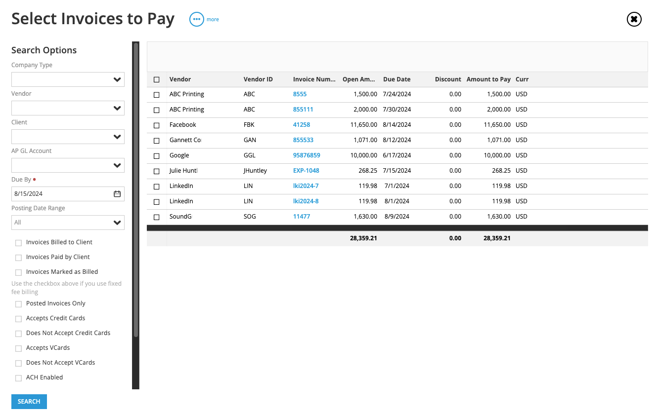 Select Invoices to Pay within Workamajig