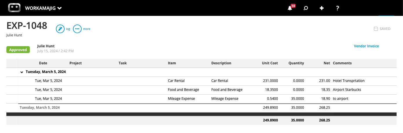 Workamajig Expense Report: EXP-1048