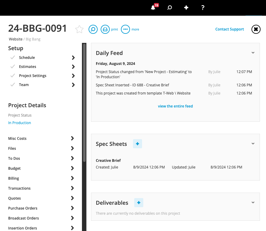 Workamajig dashboard: Daily Feed, Spec Sheets, and Deliverables